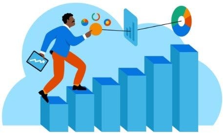 Professional figure climbing bar chart analytics illustration